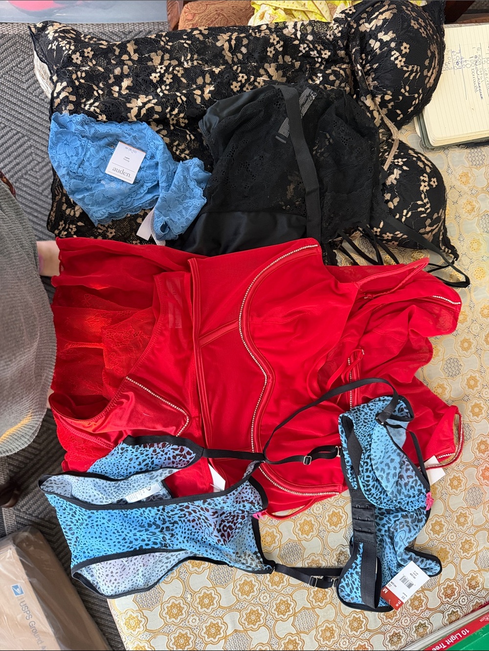 Auden Mixed Lace & Mesh Intimates Set in Black, Red, Blue